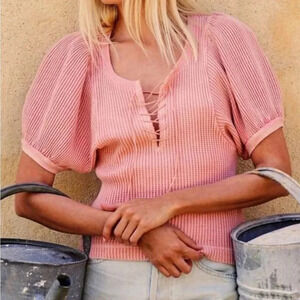 Free People FO One Top Hayden Pink Lace UpThermal Top puffed sleeve cute size xs